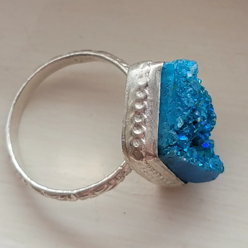 Blue Druzy Crystal Ring Silver Tone Size 11 Handmade 925 ? Signed